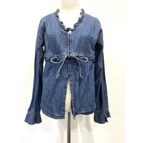Retro y2k‎ Women's Adjustable Tie Denim Corset Button Up Ruffle Jacket Size Med - Picture 1 of 8